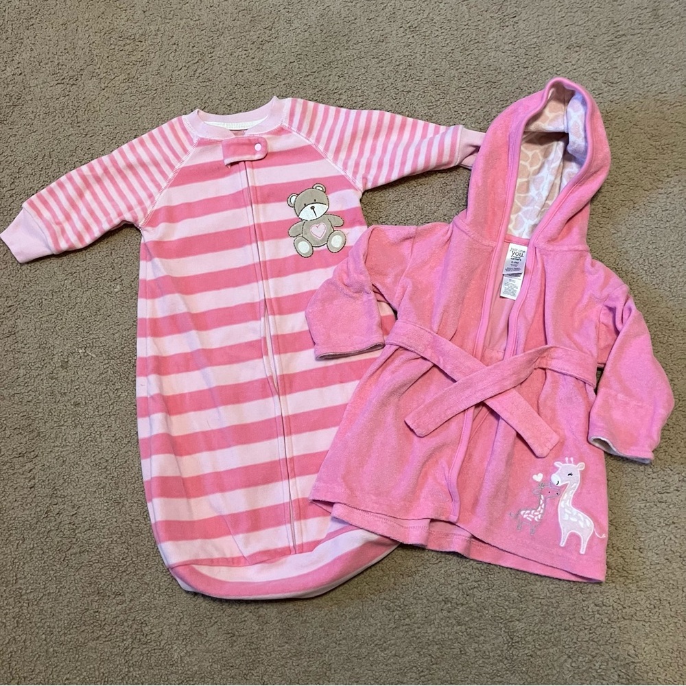 Carter’s Baby Girl 0-9 Months Pink Bath Robe & Fleece Zip-up Sleep Sack Gown